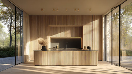 This modern minimalist interior features warm wood elements and abundant natural light, creating a serene and inviting atmosphere perfect for contemporary living.の素材