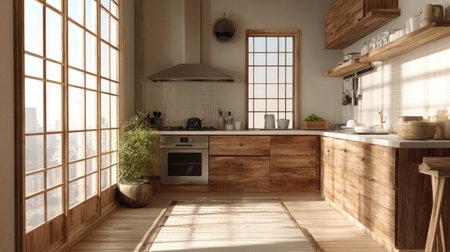 A beautifully designed modern kitchen featuring wooden cabinets, large windows allowing natural light, and a cozy atmosphere with city views.の素材