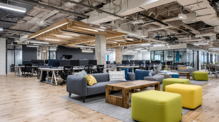 A spacious modern office interior featuring collaborative zones, comfortable seating, and an open layout designed to inspire creativity and teamwork.の素材