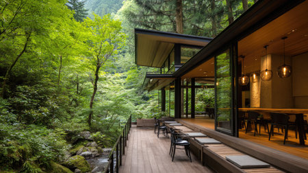 This image showcases a modern cabin nestled in a vibrant green forest, featuring a spacious wooden deck overlooking a serene stream, perfect for escapes.の素材