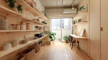 This serene modern home office showcases minimalist design with natural light, wooden shelves, plants, and a cozy workspace, creating an inspiring environment.の素材
