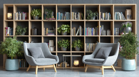 This modern living room features sleek gray armchairs and a beautifully organized bookshelf filled with books, artfully arranged greenery, creating a serene and inviting atmosphere.の素材