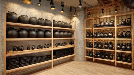 A modern gym interior showcasing black kettlebells and weightlifting equipment neatly arranged on wooden shelves, creating a functional and motivating environment.の素材
