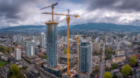 This stunning aerial image captures a bustling construction site in an urban landscape, highlighting towering cranes, modern buildings, and a dramatic sky.の素材