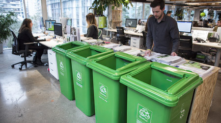 A modern office space features a recycling station with green bins as professionals organize waste. Emphasizing sustainability and collaboration, this image showcases an eco-friendly workspace dedicated to responsible waste management.の素材
