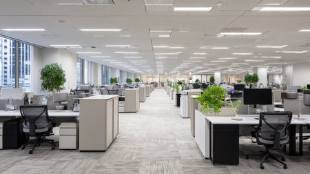 A bright and spacious modern office interior featuring rows of desks and ergonomic chairs, complemented by indoor plants and natural light.の素材
