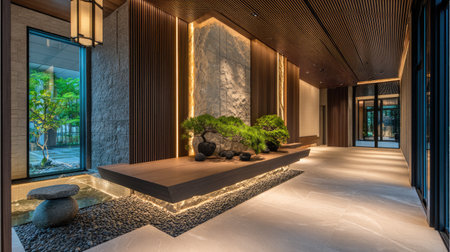 A stunning modern lobby design that combines natural elements with sophisticated architecture, featuring elegant lighting, stone accents, and lush greenery.の素材