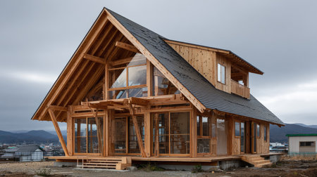 A striking modern wooden house showcases a unique roof design and expansive windows, offering a blend of aesthetics and nature against a cloudy backdrop.の素材