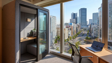 This image showcases a modern office equipped with a soundproof pod, offering a serene workspace. A panoramic city view enhances creativity and focus.の素材