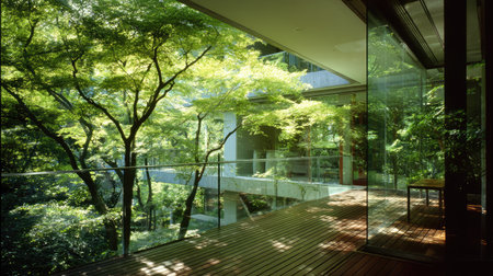 A stunning modern glass house seamlessly integrates with a lush green landscape, offering tranquility and a bright living space filled with natural light.の素材