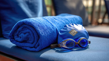 A vibrant blue towel and matching swimming goggles are displayed on a cushioned sunbed by the poolside, inviting relaxation and summer fun.の素材
