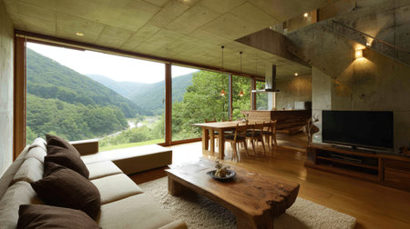 Discover a modern minimalist living room featuring a stunning mountain view, abundant natural light, and elegant design elements that create a tranquil ambiance.の素材