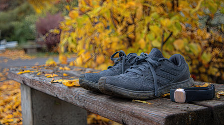 A pair of black athletic shoes lies on a rustic wooden bench, surrounded by colorful autumn leaves, capturing a serene moment in nature.の素材