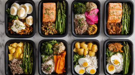 A beautifully arranged selection of healthy meal prep containers showcasing salmon, vibrant vegetables, and wholesome grains. Ideal for balanced eating.の素材