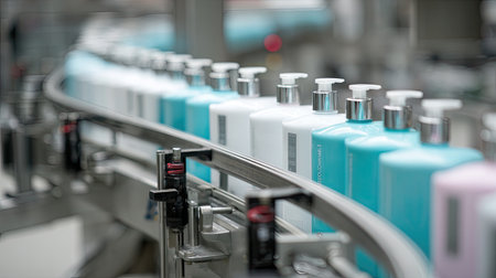 A high-tech production line featuring bottles of shampoo and conditioner moving along a conveyor belt in a modern factory environment.の素材