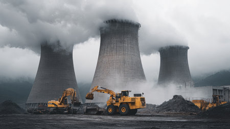 Industrial scene featuring heavy machinery operating near cooling towers emitting steam and smoke, creating a dramatic atmosphere against an overcast sky.の素材