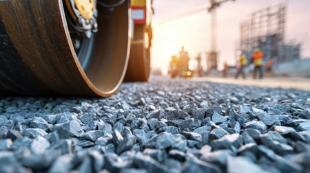 A low-angle view of a steamroller compacting gravel on a construction site, with workers engaged in various tasks against a backdrop of a sunset.の素材