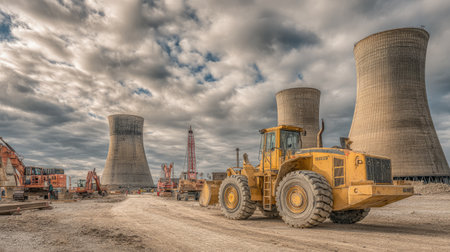 A vibrant industrial landscape showcasing a yellow bulldozer in the foreground, accompanied by tall cooling towers and heavy machinery under a dynamic cloudy sky.の素材