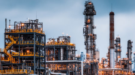 A captivating view of an industrial landscape showcasing refineries and towering structures at dusk, highlighting the intricate machinery and piping.の素材