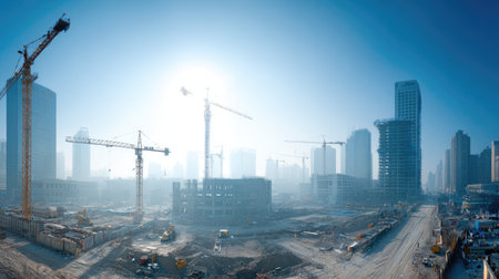 A vibrant urban construction site showcasing tower cranes and skyscrapers under development, symbolizing modern infrastructure and growth.の素材