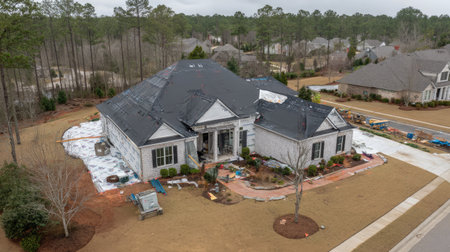 This stock photo captures a residential construction site featuring roof installation in a tranquil suburban neighborhood, surrounded by trees and landscaped gardens.の素材