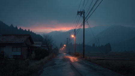 This captivating evening landscape captures a quiet road leading through majestic mountains under a moody twilight sky, illuminated by warm street lights.の素材
