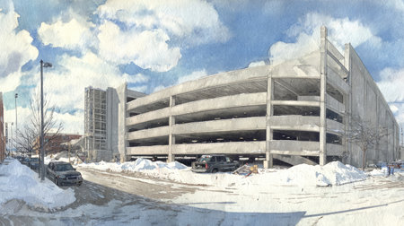 A modern parking garage structure towering with multiple levels, surrounded by snow, with a vivid sky filled with fluffy clouds, showcasing urban design.の素材