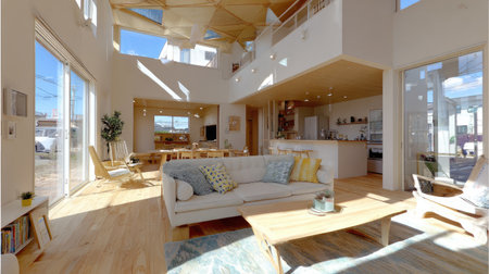 This image showcases a modern living room characterized by its bright natural light and open floor plan, featuring stylish furniture and elegant decor.の素材