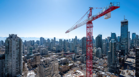 A striking urban skyline featuring a towering construction crane amidst modern high-rise buildings, showcasing urban development and progress under a clear blue sky.の素材