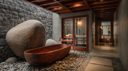 Explore a tranquil bathroom featuring a unique wooden bathtub surrounded by natural stones, designed to create a serene and inviting oasis for relaxation.の素材
