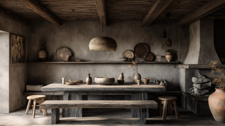 A beautifully arranged rustic dining space highlighting earthy tones and natural materials, perfect for showcasing minimalist design and cozy atmosphere.の素材