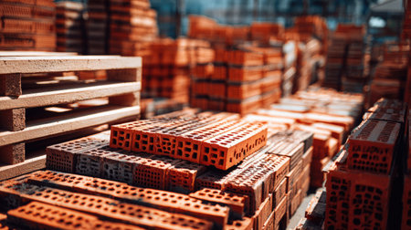 A vibrant collection of red clay bricks stacked in a construction yard, showcasing materials ready for building projects, surrounded by wooden pallets.の素材