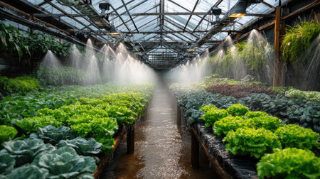 A vibrant greenhouse filled with fresh, green lettuce rows being watered by a misting system. The image captures the essence of modern agriculture and sustainability.の素材