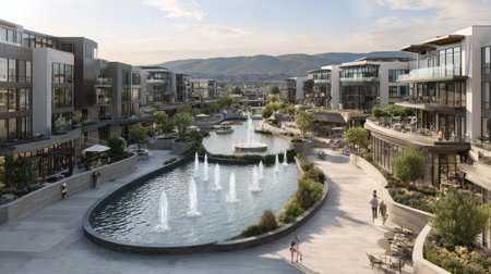 This image showcases a modern urban development featuring elegant residential buildings surrounding serene water features, including fountains and vibrant greenery.の素材