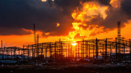 A striking sunset illuminates a construction site, casting silhouettes of steel structures against a vibrant sky filled with dramatic clouds.の素材
