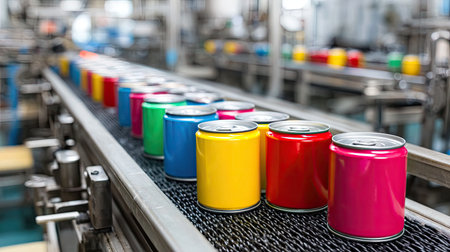 Brightly colored cans arranged on a conveyor belt in a factory setting, showcasing a modern production line with industrial machinery and vibrant colors.の素材
