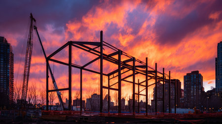A stunning view of a construction site featuring a steel framework silhouetted against a vibrant sunset sky. The urban landscape showcases progress and growth.の素材