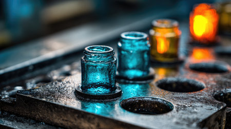 Close-up view of colorful glass bottles placed on an industrial workbench, showcasing vibrant illumination and captivating textures for an artistic feel.の素材