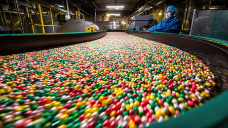 A vibrant scene in a candy factory showcasing colorful sweets flowing along a production line, while a worker oversees the hygienic process.の素材