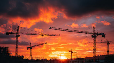 A stunning sunset casts brilliant colors over a construction site, featuring silhouetted cranes against a dynamic sky. The scene captures the essence of urban development.の素材