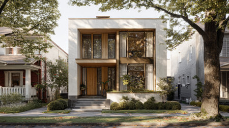 A stylish modern house showcases contemporary architectural elements in an urban neighborhood, with lush greenery and inviting sunlight surrounding it.の素材