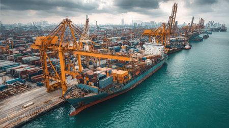A stunning aerial perspective of a bustling port featuring a cargo ship and towering cranes. This image captures industrial activity and maritime logistics in an urban setting.の素材