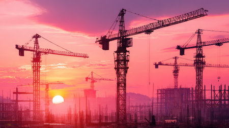 A striking view of construction cranes silhouetted against a vivid sunset. The vibrant colors create a dramatic backdrop, perfect for themes of development.の素材