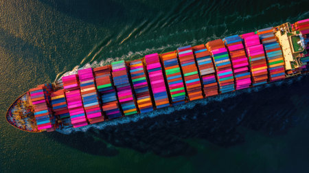 A stunning aerial perspective of a container ship loaded with brightly colored cargo boxes, navigating through tranquil waters in a shipping lane.の素材
