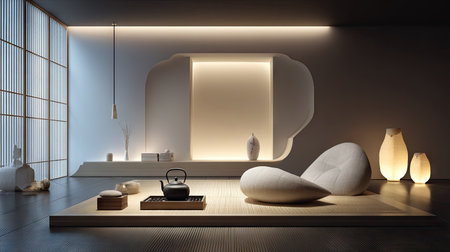This elegant minimalist interior design features soft lighting and serene furniture, creating a calm and comforting atmosphere perfect for modern living.の素材