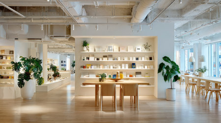 A bright and modern workspace featuring minimalist design elements, natural light, and an inviting atmosphere, ideal for creative endeavors and collaboration.の素材