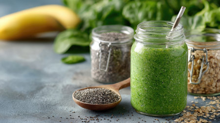 A vibrant green smoothie made with fresh spinach, chia seeds, and oats in a glass jar. Perfect for a healthy breakfast or energy boost!の素材