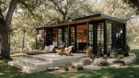 A beautifully designed modern cabin nestled in a green landscape, featuring large glass windows and a cozy outdoor seating area. Perfect for relaxation.の素材