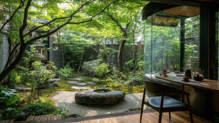 Discover the beauty of a serene Japanese garden featuring lush greenery, smooth stone pathways, and an elegant glass room creating a tranquil outdoor retreat.の素材