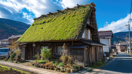 A beautiful traditional Japanese farmhouse showcases a unique green thatched roof, surrounded by lush plants and a serene rural landscape.の素材